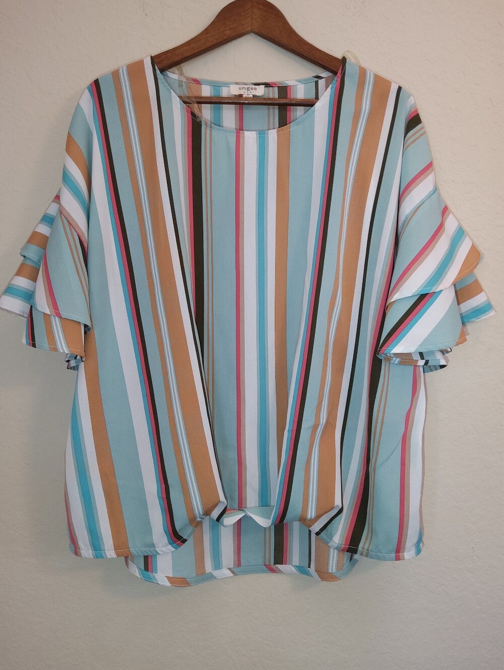 Umgee Tunic Blouse Womens Size Medium Multicolor Stripe Layered Bell Sleeve Boho
